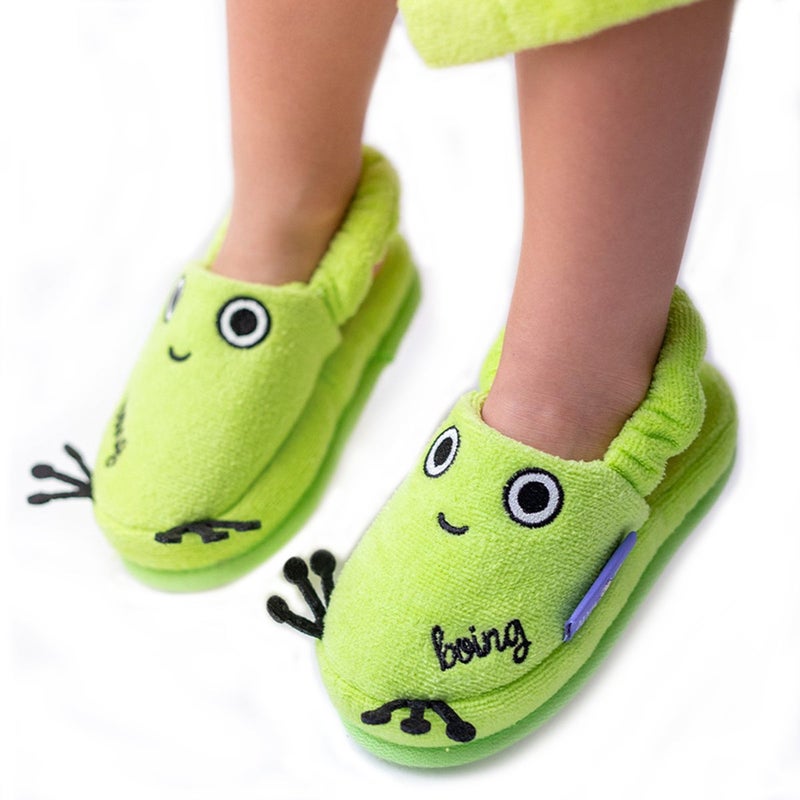 Milk & Moo Toddler Slippers, 18cm 100% Cotton, Kids Indoor Slippers, Non-Slip Soft Sole, Slip-On Lightweight, Breathable, Ideal for Home, Bath, Indoor Use, Cacha Frog Design, For Boys and Girls, 2-4 Years Old - Image 1